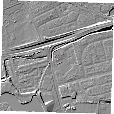 Shaded relief map of the ground around IG110HD, computed from Environment Agency LiDAR. The ground here sits at about 2 m above sea level and falls 14 m across the surrounding 800 m. Surface water reaching this point runs off ground lying to the north-north-west, 1.6 m higher.