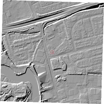 Shaded relief map of the ground around IG110HE, computed from Environment Agency LiDAR. The ground here sits at about 2 m above sea level and falls 16 m across the surrounding 800 m. Surface water reaching this point runs off ground lying to the east-north-east, 0.9 m higher.