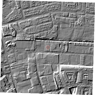 Shaded relief map of the ground around IG110HG, computed from Environment Agency LiDAR. The ground here sits at about 2 m above sea level and falls 7 m across the surrounding 800 m. Surface water reaching this point runs off ground lying to the east, 0.9 m higher.