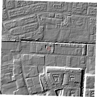 Shaded relief map of the ground around IG110HN, computed from Environment Agency LiDAR. The ground here sits at about 2 m above sea level and falls 8 m across the surrounding 800 m. Surface water reaching this point runs off ground lying to the east-north-east, 1.9 m higher.