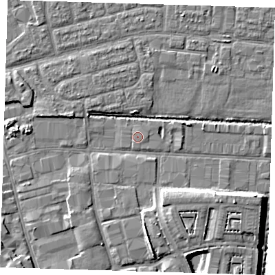 Shaded relief map of the ground around IG110HP, computed from Environment Agency LiDAR. The ground here sits at about 2 m above sea level and falls 8 m across the surrounding 800 m. Surface water reaching this point runs off ground lying to the east, 0.7 m higher.