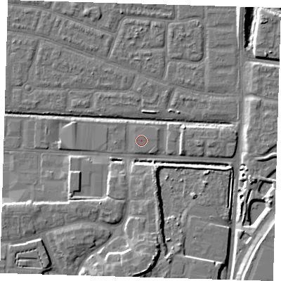 Shaded relief map of the ground around IG110HQ, computed from Environment Agency LiDAR. The ground here sits at about 3 m above sea level and falls 9 m across the surrounding 800 m. The ground contributing surface water to this point lies to the south.