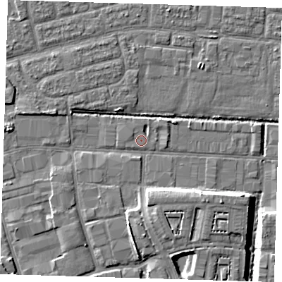 Shaded relief map of the ground around IG110HS, computed from Environment Agency LiDAR. The ground here sits at about 2 m above sea level and falls 8 m across the surrounding 800 m. Surface water reaching this point runs off ground lying to the north-west, 0.5 m higher.