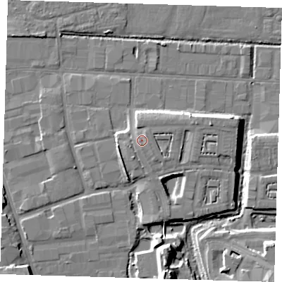 Shaded relief map of the ground around IG110HY, computed from Environment Agency LiDAR. The ground here sits at about 6 m above sea level and falls 10 m across the surrounding 800 m. Surface water reaching this point runs off ground lying to the north-east, 1.3 m higher.