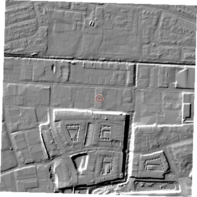Shaded relief map of the ground around IG110HZ, computed from Environment Agency LiDAR. The ground here sits at about 2 m above sea level and falls 8 m across the surrounding 800 m. Surface water reaching this point runs off ground lying to the south-east, 0.6 m higher.