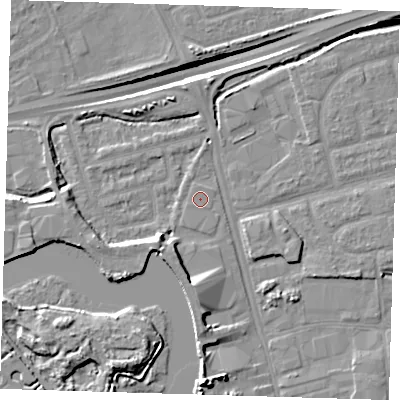 Shaded relief map of the ground around IG110JE, computed from Environment Agency LiDAR. The ground here sits at about 2 m above sea level and falls 16 m across the surrounding 800 m. The ground contributing surface water to this point lies to the south-south-west.