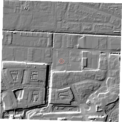 Shaded relief map of the ground around IG110JG, computed from Environment Agency LiDAR. The ground here sits at about 2 m above sea level and falls 10 m across the surrounding 800 m. Surface water reaching this point runs off ground lying to the south-east, 0.7 m higher.
