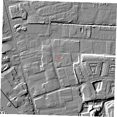 Shaded relief map of the ground around IG110JH, computed from Environment Agency LiDAR. The ground here sits at about 3 m above sea level and falls 10 m across the surrounding 800 m. Surface water reaching this point runs off ground lying to the east-south-east, 0.7 m higher.