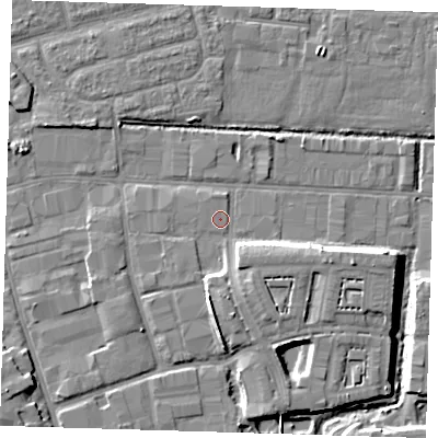Shaded relief map of the ground around IG110JJ, computed from Environment Agency LiDAR. The ground here sits at about 2 m above sea level and falls 8 m across the surrounding 800 m. Surface water reaching this point runs off ground lying to the south-east, 4.9 m higher.