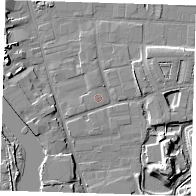 Shaded relief map of the ground around IG110JN, computed from Environment Agency LiDAR. The ground here sits at about 3 m above sea level and falls 12 m across the surrounding 800 m. The ground contributing surface water to this point lies to the north-north-west.