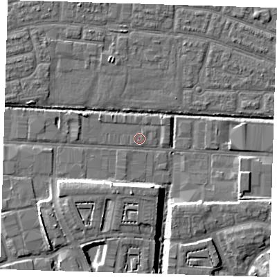 Shaded relief map of the ground around IG110JP, computed from Environment Agency LiDAR. The ground here sits at about 2 m above sea level and falls 8 m across the surrounding 800 m. The ground contributing surface water to this point lies to the north-east.