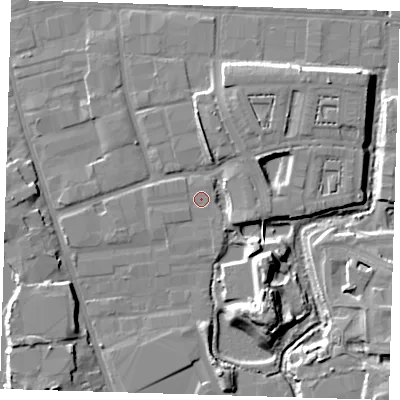 Shaded relief map of the ground around IG110JR, computed from Environment Agency LiDAR. The ground here sits at about 3 m above sea level and falls 11 m across the surrounding 800 m. The ground contributing surface water to this point lies to the west-south-west.