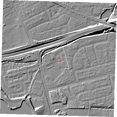 Shaded relief map of the ground around IG110JS, computed from Environment Agency LiDAR. The ground here sits at about 2 m above sea level and falls 14 m across the surrounding 800 m. Surface water reaching this point runs off ground lying to the east, 1.5 m higher.