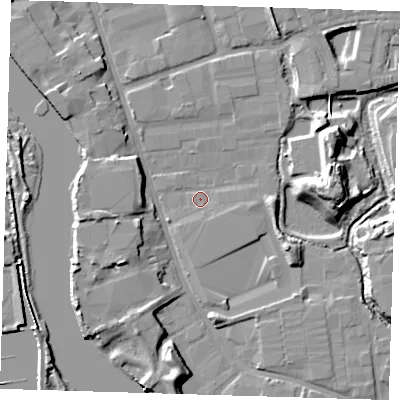 Shaded relief map of the ground around IG110JU, computed from Environment Agency LiDAR. The ground here sits at about 2 m above sea level and falls 11 m across the surrounding 800 m. Surface water reaching this point runs off ground lying to the west, 5.8 m higher.