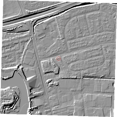 Shaded relief map of the ground around IG110JX, computed from Environment Agency LiDAR. The ground here sits at about 2 m above sea level and falls 16 m across the surrounding 800 m. Surface water reaching this point runs off ground lying to the south-west, 2.3 m higher.