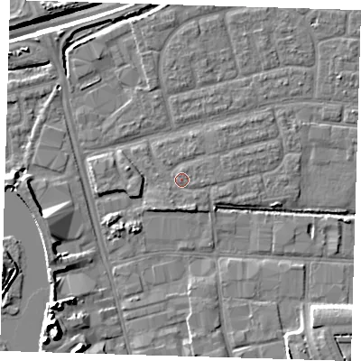 Shaded relief map of the ground around IG110JY, computed from Environment Agency LiDAR. The ground here sits at about 3 m above sea level and falls 17 m across the surrounding 800 m. Surface water reaching this point runs off ground lying to the south-south-east, 1.5 m higher.