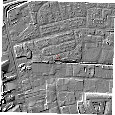 Shaded relief map of the ground around IG110JZ, computed from Environment Agency LiDAR. The ground here sits at about 3 m above sea level and falls 22 m across the surrounding 800 m. Surface water reaching this point runs off ground lying to the east, 0.7 m higher.