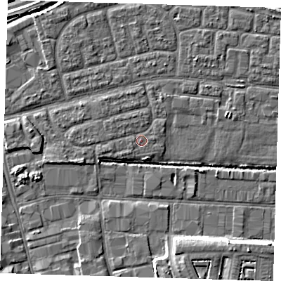 Shaded relief map of the ground around IG110LA, computed from Environment Agency LiDAR. The ground here sits at about 3 m above sea level and falls 10 m across the surrounding 800 m. Surface water reaching this point runs off ground lying to the west-south-west, 0.9 m higher.