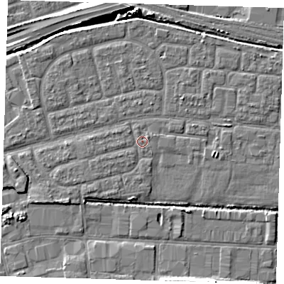 Shaded relief map of the ground around IG110LB, computed from Environment Agency LiDAR. The ground here sits at about 3 m above sea level and falls 9 m across the surrounding 800 m. Surface water reaching this point runs off ground lying to the south-west, 1.0 m higher.