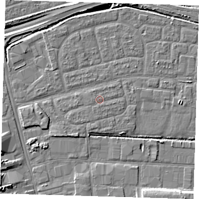 Shaded relief map of the ground around IG110LD, computed from Environment Agency LiDAR. The ground here sits at about 3 m above sea level and falls 15 m across the surrounding 800 m. Surface water reaching this point runs off ground lying to the east, 0.6 m higher.