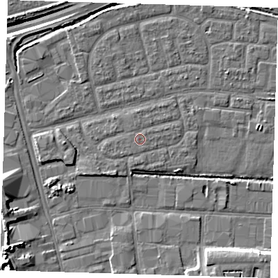 Shaded relief map of the ground around IG110LE, computed from Environment Agency LiDAR. The ground here sits at about 3 m above sea level and falls 17 m across the surrounding 800 m. The ground contributing surface water to this point lies to the west.