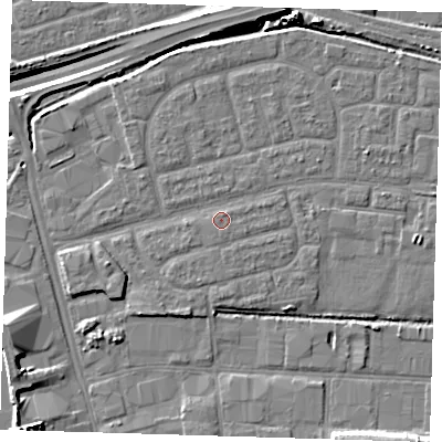 Shaded relief map of the ground around IG110LF, computed from Environment Agency LiDAR. The ground here sits at about 3 m above sea level and falls 14 m across the surrounding 800 m. Surface water reaching this point runs off ground lying to the north-north-east, 0.6 m higher.
