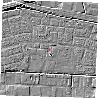Shaded relief map of the ground around IG110LG, computed from Environment Agency LiDAR. The ground here sits at about 2 m above sea level and falls 9 m across the surrounding 800 m. Surface water reaching this point runs off ground lying to the south, 1.7 m higher.