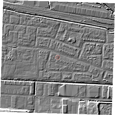 Shaded relief map of the ground around IG110LH, computed from Environment Agency LiDAR. The ground here sits at about 2 m above sea level and falls 7 m across the surrounding 800 m. The ground contributing surface water to this point lies to the south-south-west.