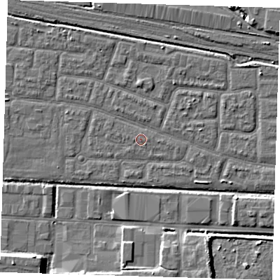 Shaded relief map of the ground around IG110LJ, computed from Environment Agency LiDAR. The ground here sits at about 2 m above sea level and falls 7 m across the surrounding 800 m. Surface water reaching this point runs off ground lying to the south-east, 0.5 m higher.