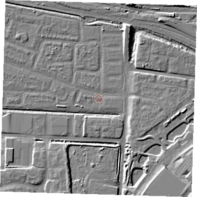 Shaded relief map of the ground around IG110LL, computed from Environment Agency LiDAR. The ground here sits at about 2 m above sea level and falls 13 m across the surrounding 800 m. Surface water reaching this point runs off ground lying to the east-north-east, 0.9 m higher.