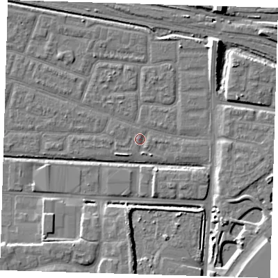Shaded relief map of the ground around IG110LP, computed from Environment Agency LiDAR. The ground here sits at about 2 m above sea level and falls 11 m across the surrounding 800 m. Surface water reaching this point runs off ground lying to the east, 1.0 m higher.