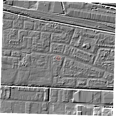 Shaded relief map of the ground around IG110LQ, computed from Environment Agency LiDAR. The ground here sits at about 2 m above sea level and falls 7 m across the surrounding 800 m. Surface water reaching this point runs off ground lying to the east-south-east, 1.7 m higher.