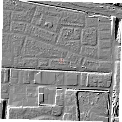 Shaded relief map of the ground around IG110LR, computed from Environment Agency LiDAR. The ground here sits at about 2 m above sea level and falls 10 m across the surrounding 800 m. Surface water reaching this point runs off ground lying to the south-east, 1.6 m higher.