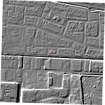 Shaded relief map of the ground around IG110LS, computed from Environment Agency LiDAR. The ground here sits at about 2 m above sea level and falls 7 m across the surrounding 800 m. Surface water reaching this point runs off ground lying to the east, 0.9 m higher.