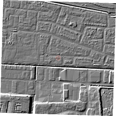 Shaded relief map of the ground around IG110LX, computed from Environment Agency LiDAR. The ground here sits at about 2 m above sea level and falls 7 m across the surrounding 800 m. Surface water reaching this point runs off ground lying to the east-south-east, 1.7 m higher.