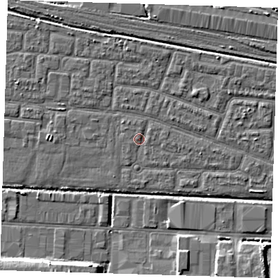 Shaded relief map of the ground around IG110LY, computed from Environment Agency LiDAR. The ground here sits at about 2 m above sea level and falls 7 m across the surrounding 800 m. Surface water reaching this point runs off ground lying to the east-south-east, 1.7 m higher.