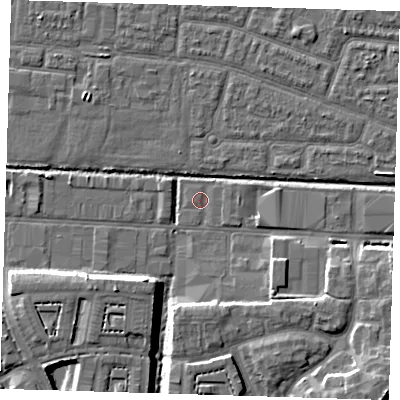 Shaded relief map of the ground around IG110ND, computed from Environment Agency LiDAR. The ground here sits at about 2 m above sea level and falls 9 m across the surrounding 800 m. Surface water reaching this point runs off ground lying to the south-east, 0.8 m higher.