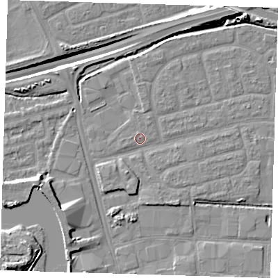 Shaded relief map of the ground around IG110NF, computed from Environment Agency LiDAR. The ground here sits at about 2 m above sea level and falls 14 m across the surrounding 800 m. Surface water reaching this point runs off ground lying to the south-south-west, 2.3 m higher.