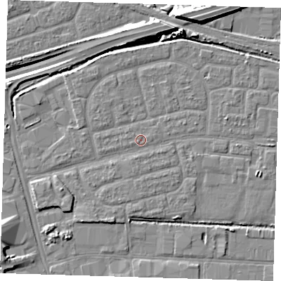 Shaded relief map of the ground around IG110NG, computed from Environment Agency LiDAR. The ground here sits at about 2 m above sea level and falls 14 m across the surrounding 800 m. Surface water reaching this point runs off ground lying to the south, 0.7 m higher.