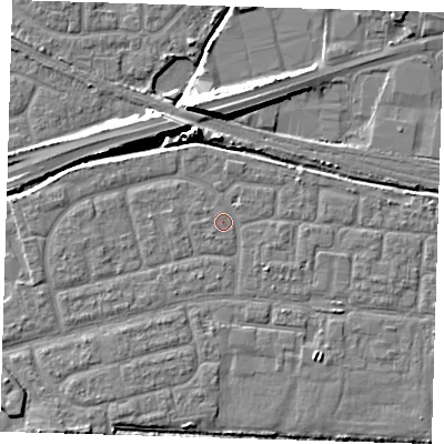 Shaded relief map of the ground around IG110NH, computed from Environment Agency LiDAR. The ground here sits at about 2 m above sea level and falls 9 m across the surrounding 800 m. Surface water reaching this point runs off ground lying to the west-south-west, 1.0 m higher.