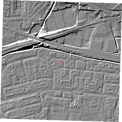 Shaded relief map of the ground around IG110NJ, computed from Environment Agency LiDAR. The ground here sits at about 2 m above sea level and falls 9 m across the surrounding 800 m. Surface water reaching this point runs off ground lying to the west, 1.3 m higher.