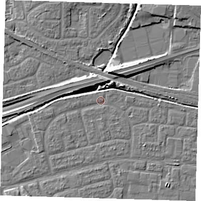Shaded relief map of the ground around IG110NL, computed from Environment Agency LiDAR. The ground here sits at about 2 m above sea level and falls 13 m across the surrounding 800 m. Surface water reaching this point runs off ground lying to the west-south-west, 1.2 m higher.