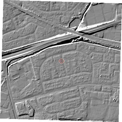 Shaded relief map of the ground around IG110NN, computed from Environment Agency LiDAR. The ground here sits at about 2 m above sea level and falls 14 m across the surrounding 800 m. Surface water reaching this point runs off ground lying to the south-west, 0.9 m higher.