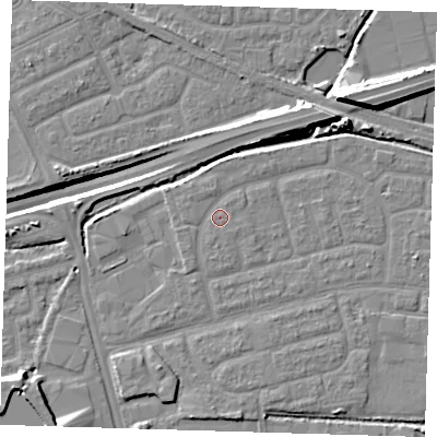 Shaded relief map of the ground around IG110NP, computed from Environment Agency LiDAR. The ground here sits at about 2 m above sea level and falls 14 m across the surrounding 800 m. Surface water reaching this point runs off ground lying to the north-north-west, 0.7 m higher.