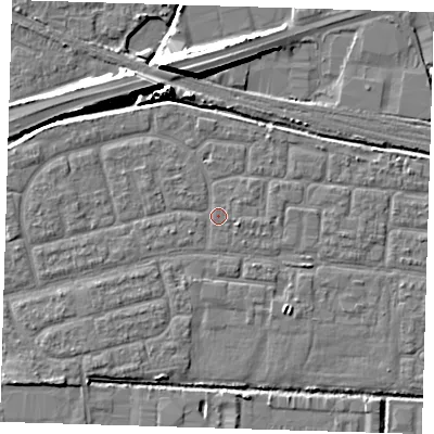 Shaded relief map of the ground around IG110NQ, computed from Environment Agency LiDAR. The ground here sits at about 2 m above sea level and falls 9 m across the surrounding 800 m. Surface water reaching this point runs off ground lying to the west, 1.0 m higher.
