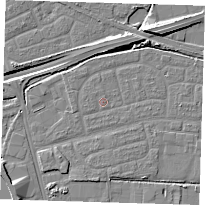 Shaded relief map of the ground around IG110NR, computed from Environment Agency LiDAR. The ground here sits at about 3 m above sea level and falls 14 m across the surrounding 800 m. Surface water reaching this point runs off ground lying to the west-north-west, 0.6 m higher.