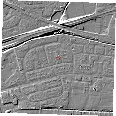 Shaded relief map of the ground around IG110NS, computed from Environment Agency LiDAR. The ground here sits at about 2 m above sea level and falls 12 m across the surrounding 800 m. Surface water reaching this point runs off ground lying to the north, 0.6 m higher.