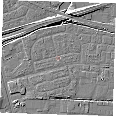 Shaded relief map of the ground around IG110NU, computed from Environment Agency LiDAR. The ground here sits at about 2 m above sea level and falls 14 m across the surrounding 800 m. Surface water reaching this point runs off ground lying to the west-north-west, 1.0 m higher.