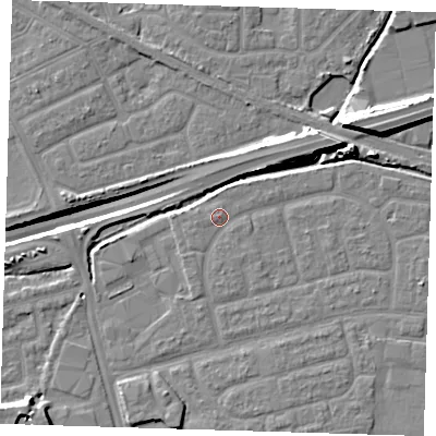 Shaded relief map of the ground around IG110NW, computed from Environment Agency LiDAR. The ground here sits at about 3 m above sea level and falls 14 m across the surrounding 800 m. Surface water reaching this point runs off ground lying to the west, 0.8 m higher.