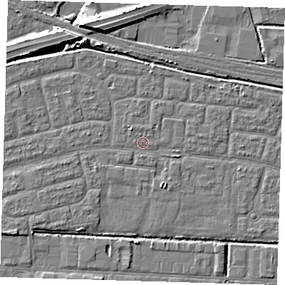 Shaded relief map of the ground around IG110NX, computed from Environment Agency LiDAR. The ground here sits at about 2 m above sea level and falls 9 m across the surrounding 800 m. Surface water reaching this point runs off ground lying to the south-south-east, 1.7 m higher.